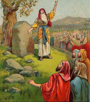 계약의 증인으로 주님의 성소에 큰 돌을 세우는 여호수아_from a Bible card published by the Providence Lithograph Company.jpg